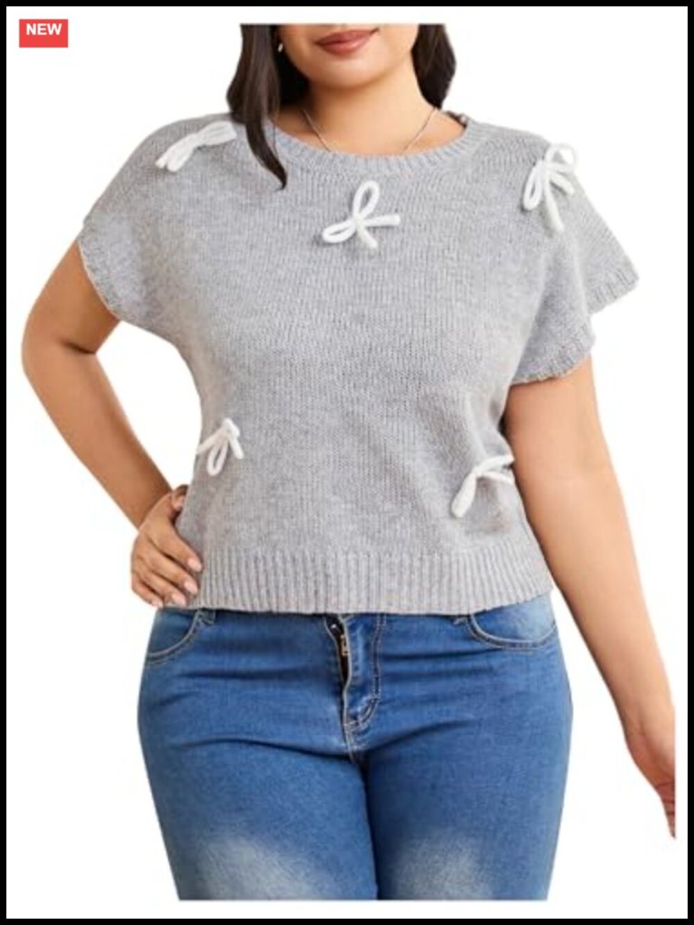 Plus Size Bow Knit Sweater Pullover Dolman Sleeve Crew Neck Top